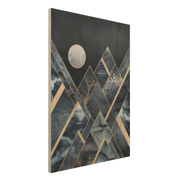 Holzbild - Goldener Mond abstrakte schwarze Berge - Hochformat 4:3