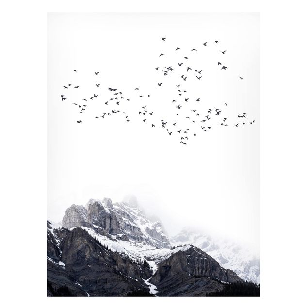Magnettafel Büro Vogelschwarm vor Bergen Schwarz Weiß