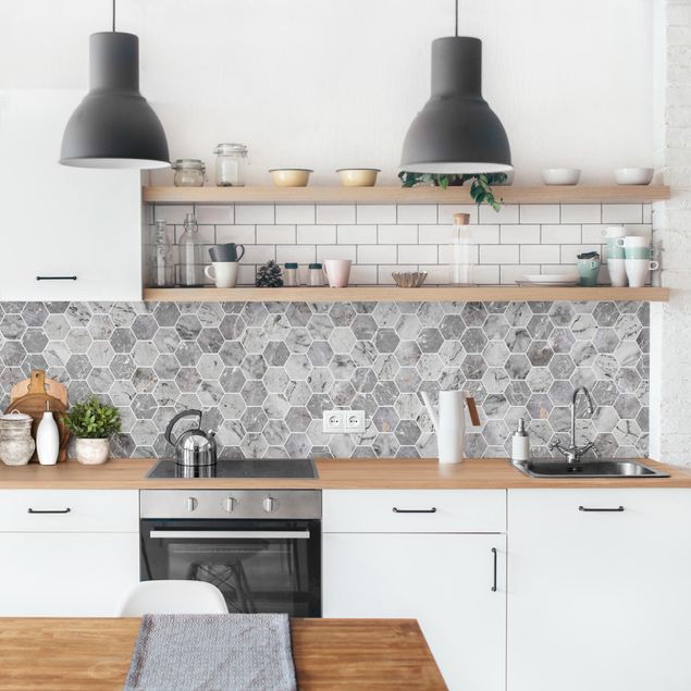 Küchenrückwand Folie Fliesenoptik Marmor Hexagon Fliesen - Grau