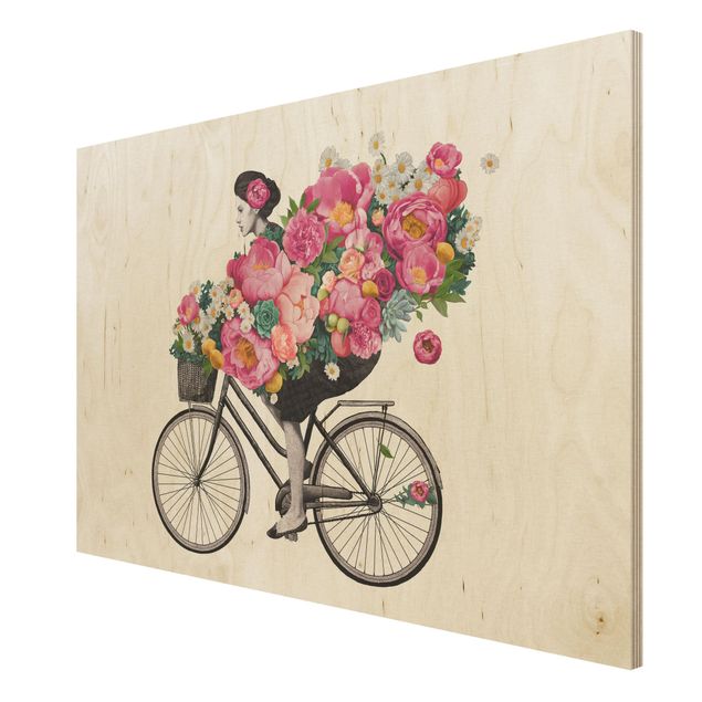 Moderne Holzbilder Illustration Frau auf Fahrrad Collage bunte Blumen
