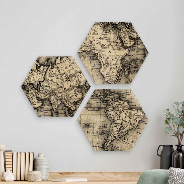 3-teilig Alte Weltkarte Details Hexagon auf Holz Bild | Bilderwelten