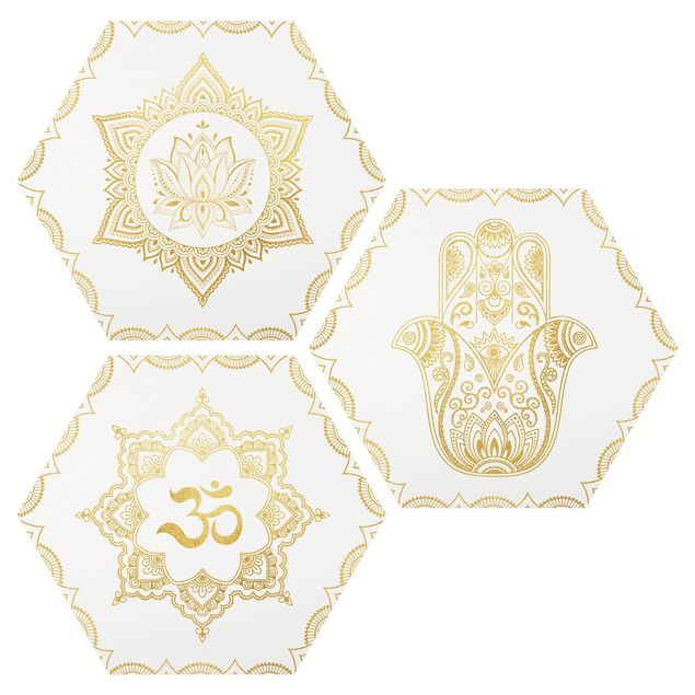 Hexagon Bild Alu-Dibond 3-teilig - Hamsa Hand Lotus OM Illustration Set Gold