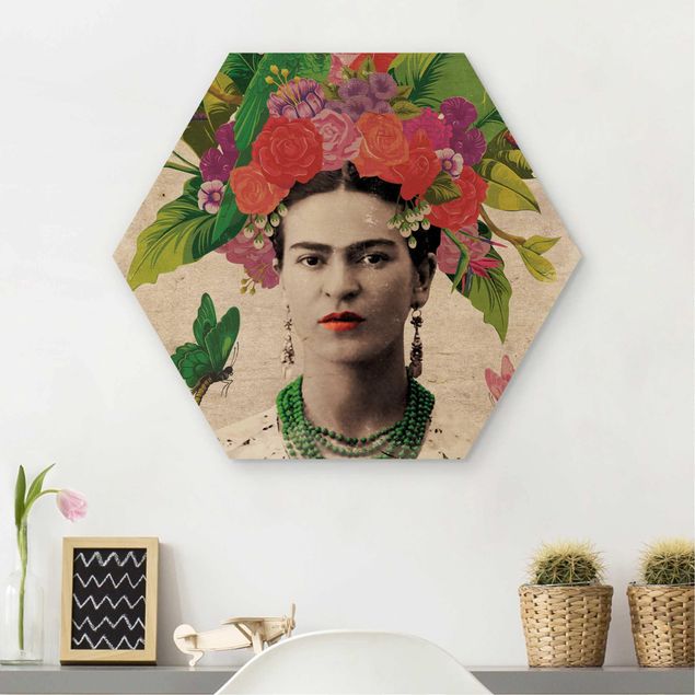 Holzbilder mit Blumen Frida Kahlo - Blumenportrait