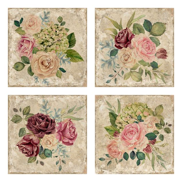 Leinwandbild 4-teilig - Vintage Rosen und Hortensien