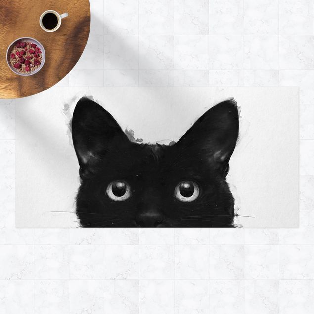 Outdoor Teppich Illustration Schwarze Katze auf Weiß Malerei