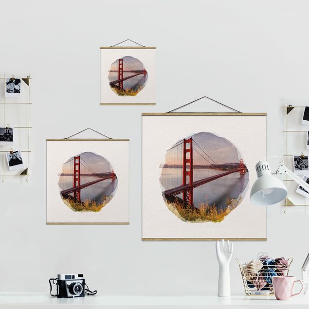 Stoffbild mit Posterleisten - Wasserfarben - Golden Gate Bridge in San Francisco - Quadrat 1:1
