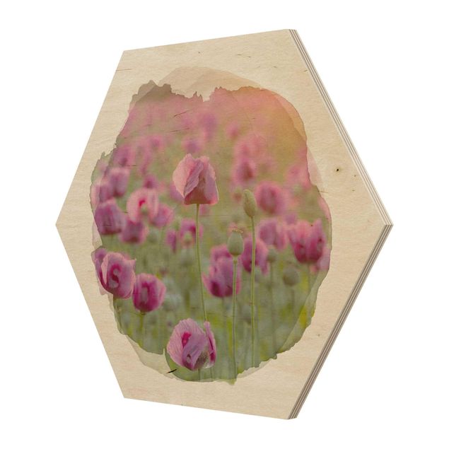Hexagon Bild Holz - Wasserfarben - Violette Schlafmohn Blumenwiese im Frühling