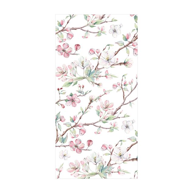 Teppich Blumen Aquarell Zweige von Apfelblüten in Rosa und Weiß