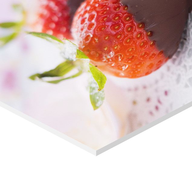Hexagon Bild Forex 3-teilig - Erdbeeren im Schokomantel Vintage