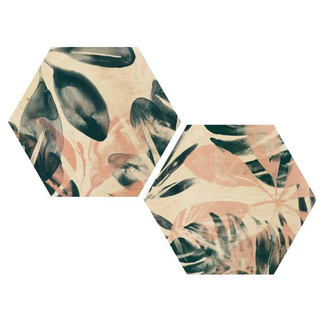 Hexagon Bild Holz 2-teilig - Tropisches Orakel petrol Set I