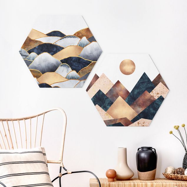 Hexagon Bild Forex 2-teilig - Elisabeth Fredriksson - Geometrische & Goldene Berge Aquarell