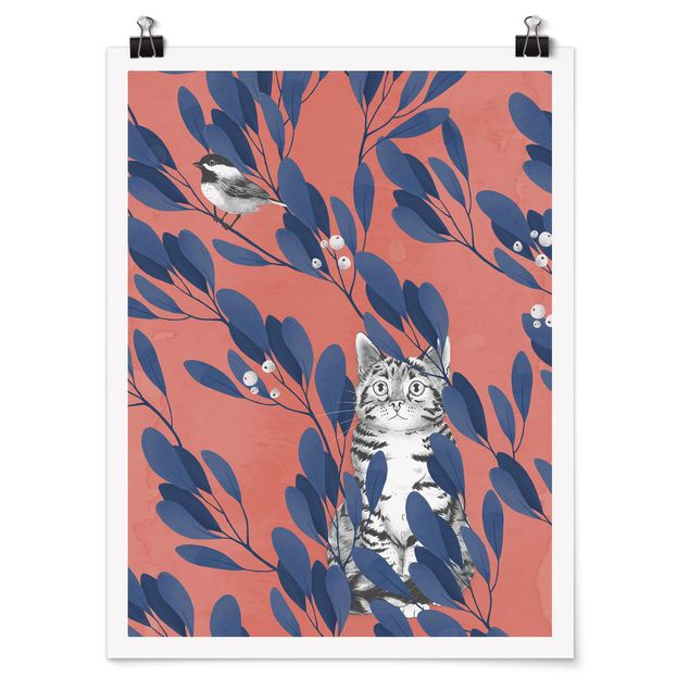 Poster - Illustration Katze und Vogel auf Ast Blau Rot - Hochformat 4:3