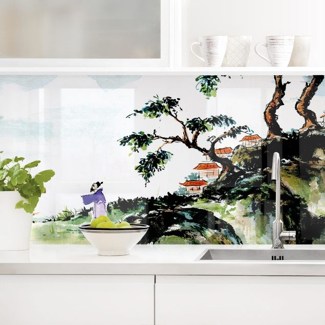 Küchenrückwände Platte Japanische Aquarell Zeichnung See und Berge
