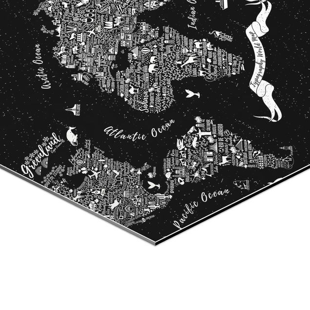 Hexagon Bild Alu-Dibond - Typografie Weltkarte schwarz