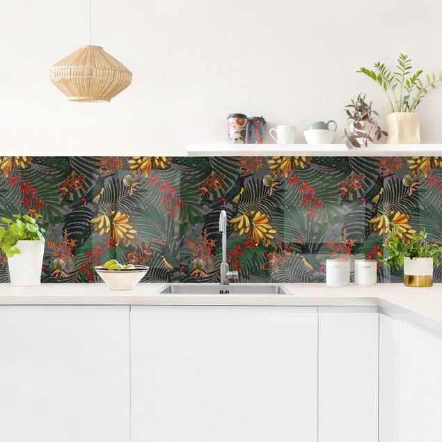 Küchenrückwand Folie Blumen Tropische Farne mit Tucan Grün I