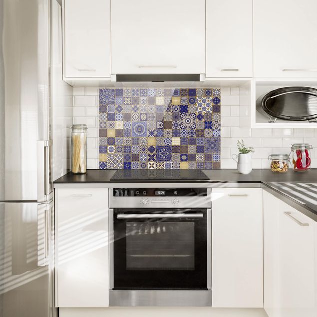 Spritzschutz Küche Fliesenoptik Orientalische Fliesen Blau mit Goldschimmer