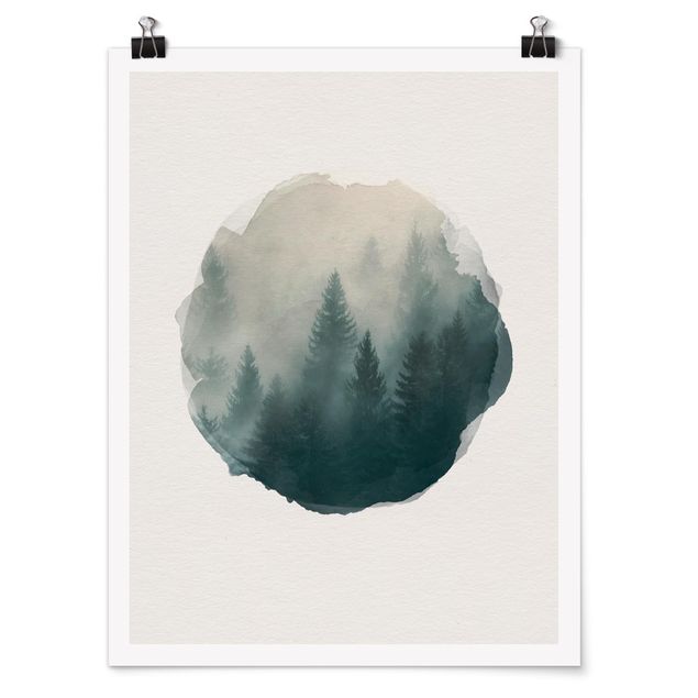 Poster Wasserfarben - Nadelwald im Nebel