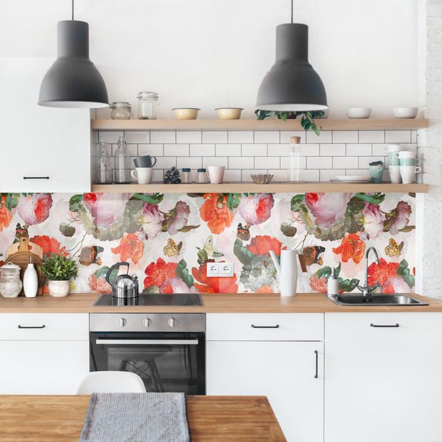 Küchenrückwand Gräser Rote Blumen mit Schmetterlingen