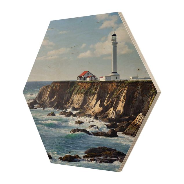 Hexagon Bild Holz - Point Arena Lighthouse Kalifornien