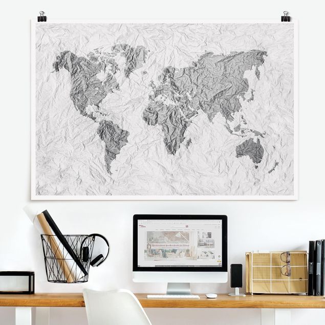 Wandposter Schwarz-Weiß Papier Weltkarte Weiß Grau