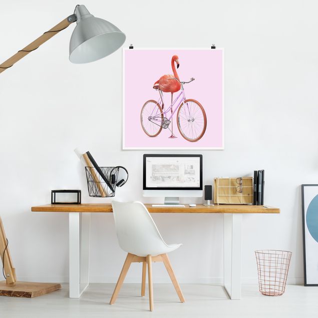 Poster Kinderzimmer Tiere Flamingo mit Fahrrad