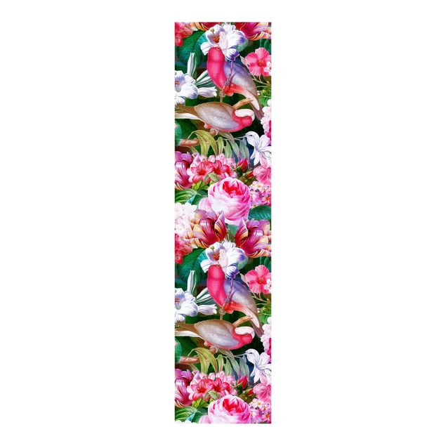 Schiebegardinen 3er Set Bunte Tropische Blumen mit Vögeln Pink