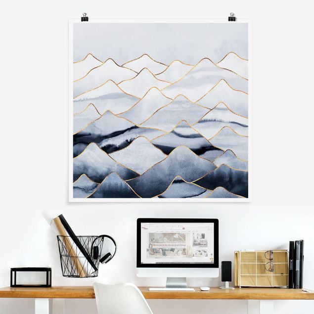 Poster - Aquarell Berge Weiß Gold - Quadrat 1:1
