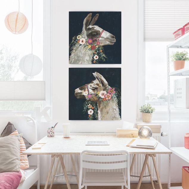 Wandbilder Tiere Lama mit Blumenschmuck Set I