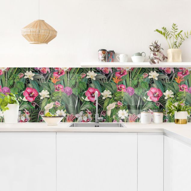 Küchenrückwand Muster Bunte tropische Blumen Collage