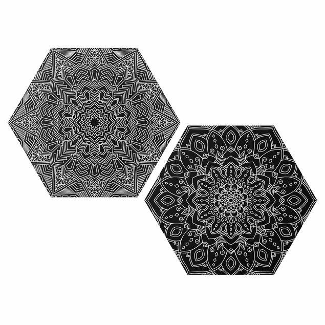 Hexagon Bild Forex 2-teilig - Mandala Blüte Stern Muster Schwarz