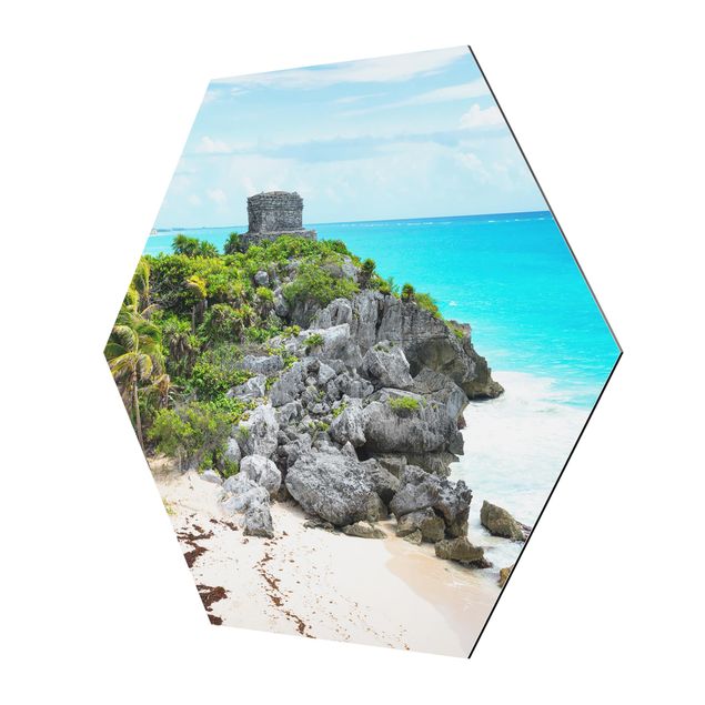 Hexagon Bild Alu-Dibond - Karibikküste Tulum Ruinen