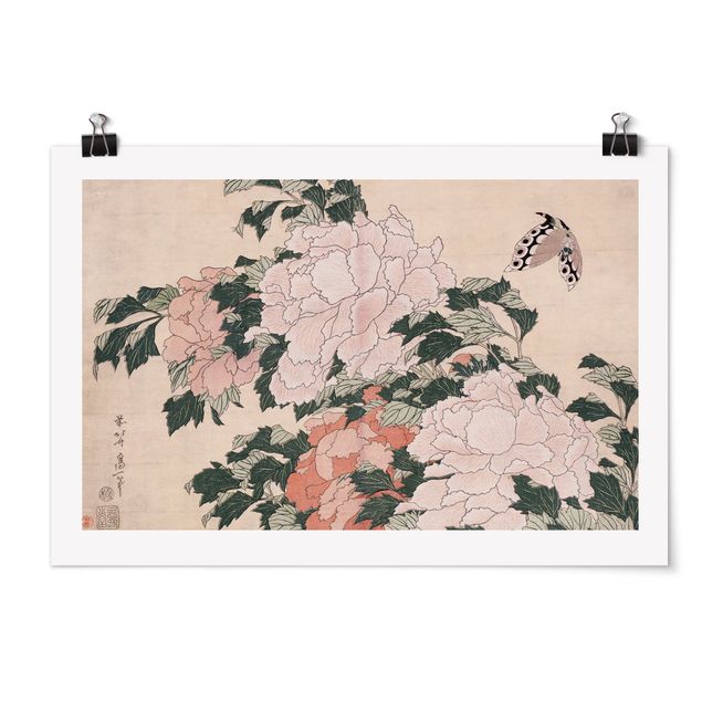 Blumenposter Katsushika Hokusai - Rosa Pfingstrosen mit Schmetterling