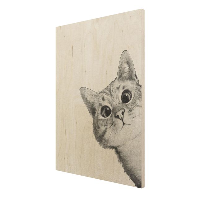 Holzbild - Illustration Katze Zeichnung Schwarz Weiß - Hochformat 4:3
