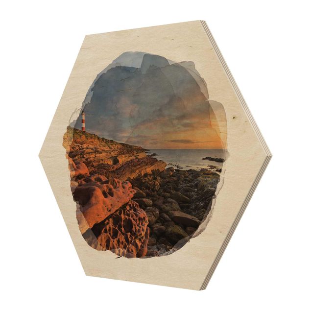 Hexagon Bild Holz - Wasserfarben - Tarbat Ness Meer & Leuchtturm bei Sonnenuntergang