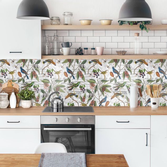 Küchenrückwand Muster Nostalgischer Beerenblues mit Paradiesvögeln
