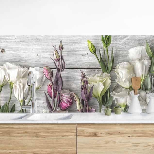Küchenrückwände Platte Tulpen-Rose Shabby Holzoptik