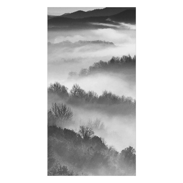Duschrückwand - Nebel bei Sonnenuntergang Schwarz Weiß