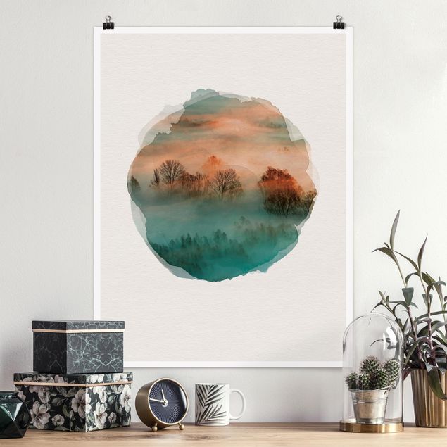 Poster Landschaft Wasserfarben - Nebel bei Sonnenaufgang