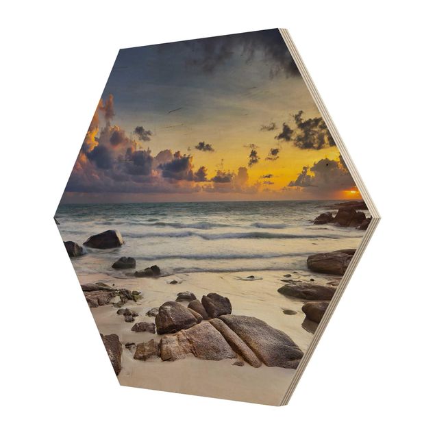 Hexagon Bild Holz - Strand Sonnenaufgang in Thailand