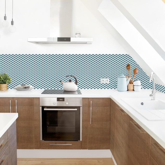 Küchenrückwand Folie Fliesenoptik Geometrischer Fliesenmix Würfel Türkis