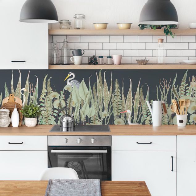 Küchenrückwand Tiere Flamingo und Storch mit Pflanzen auf Grün