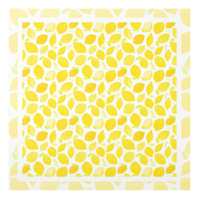 Spritzschutz Glas - Aquarell Zitronen mit Blättern und Rahmen - Quadrat 1:1