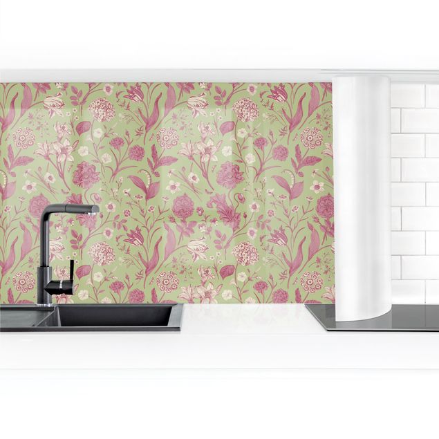 Küchenrückwand Glas Motiv Blumen Blumentanz in Mint-Grün und Rosa Pastell II