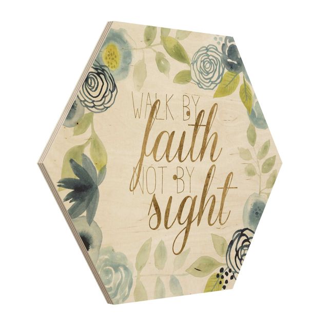 Hexagon Bild Holz - Blumenkranz mit Spruch - Faith