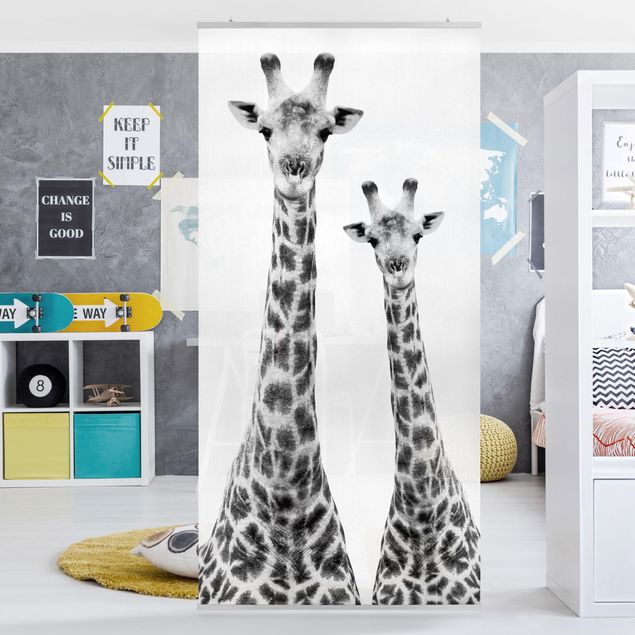 Raumteiler - Portrait zweier Giraffen in Schwarz Weiß 250x120cm
