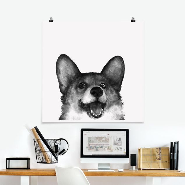 Wandbilder Tiere Illustration Hund Corgi Weiß Schwarz Malerei