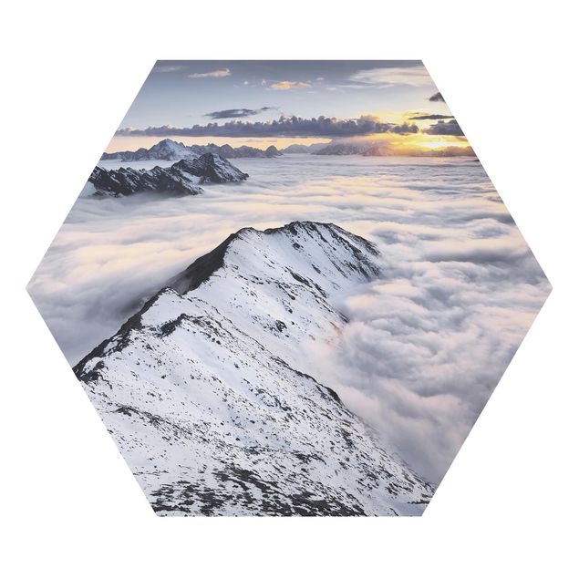 Hexagon Bild Alu-Dibond - Blick über Wolken und Berge