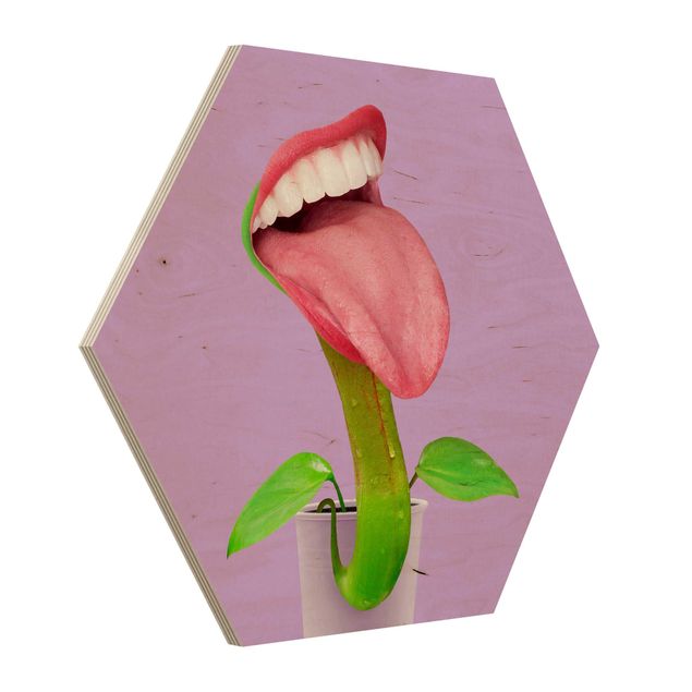 Hexagon Bild Holz - Jonas Loose - Fleischfressende Pflanze mit Mund