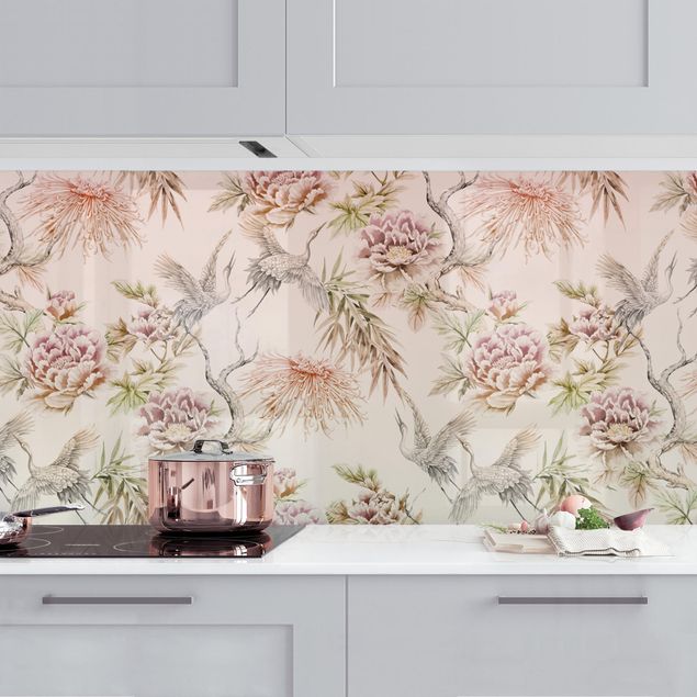 Küchenrückwände Platte Aquarell Vögel mit großen Blüten in Ombre