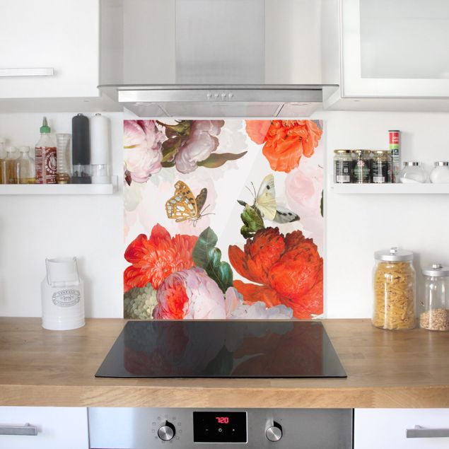 Küchenrückwand Glas Motiv Blumen Rote Blumen mit Schmetterlingen
